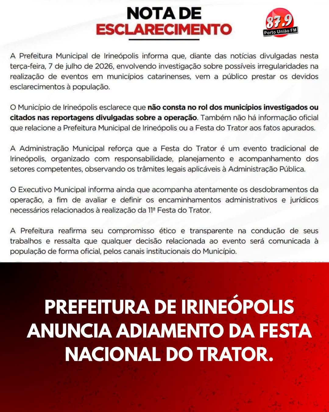 Prefeitura de Irineópolis adia 11ª Festa Nacional do Trator após desdobramentos da Operação Pão e Circo