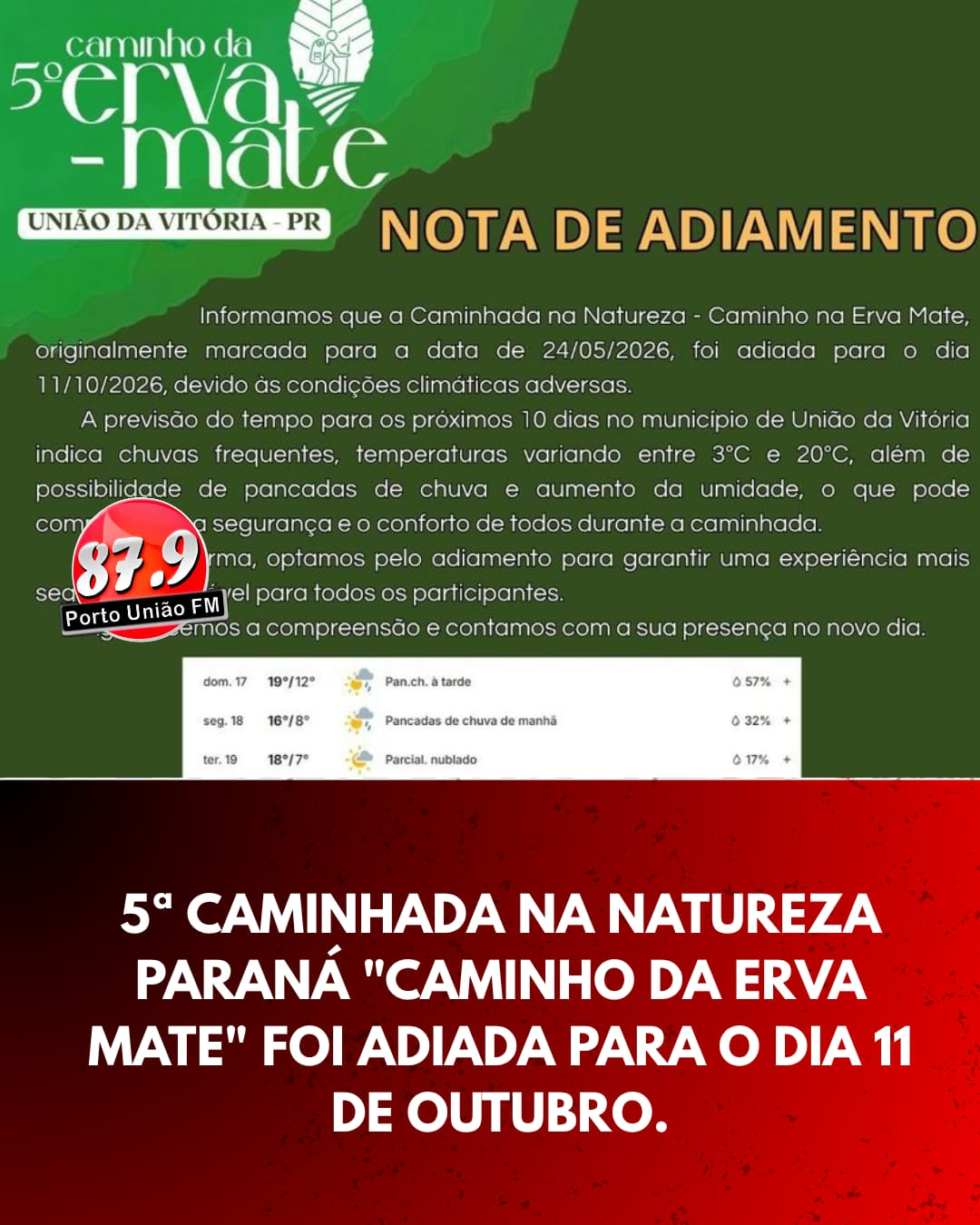 5ª Caminhada na Natureza Paraná "Caminho da Erva Mate" foi adiada para o dia 11 de outubro