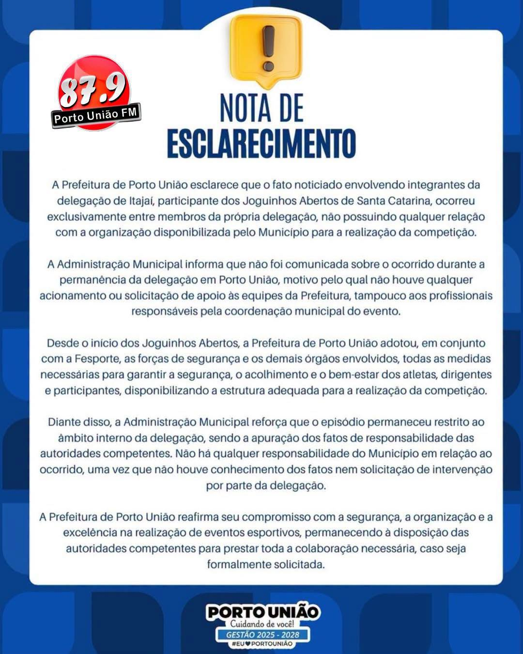 Prefeitura de Porto União afirma que não foi comunicada sobre denúncia envolvendo delegação de Itajaí nos Joguinhos Abertos