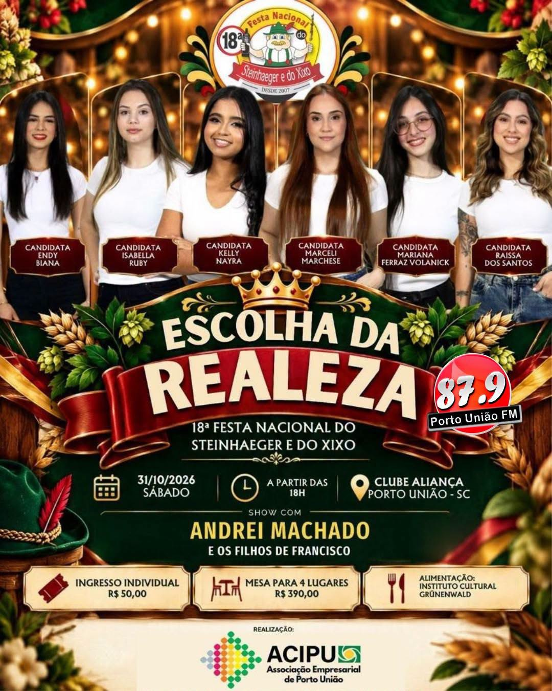 Escolha da Realeza da 18ª Festa Nacional do Steinhaeger e do Xixo acontece em 31 de outubro