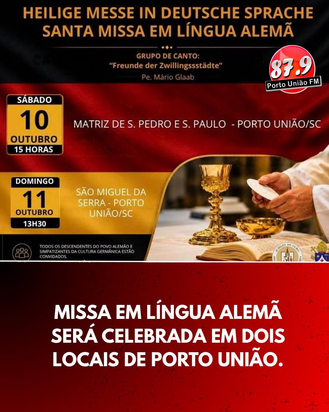 Missa em língua alemã será realizada em dois locais diferentes em Porto União