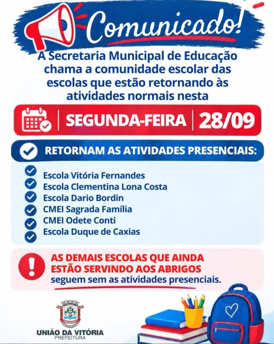 Seis escolas e CMEIs de União da Vitória retomam atividades presenciais nesta segunda-feira