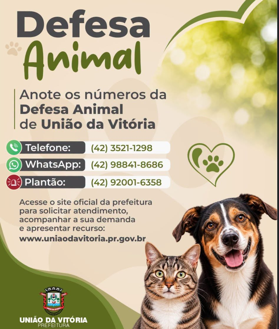 A Defesa Animal de União da Vitória está à disposição para orientar e receber solicitações relacionadas ao atendimento e à proteção dos animais.