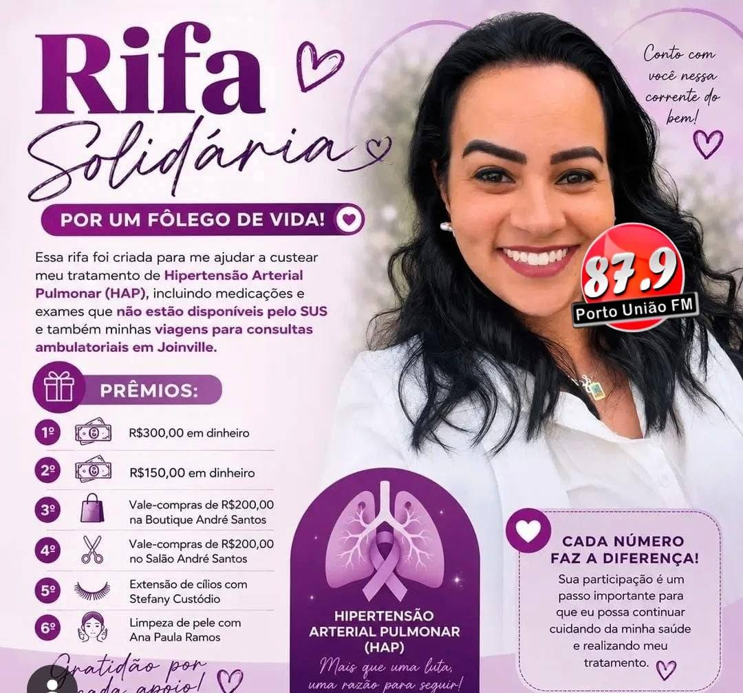 Rifa solidária é realizada para ajudar no custeio de tratamento de paciente com hipertensão arterial pulmonar